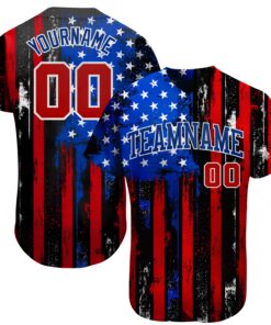 Custom Black Red Royal-White 3D Distressed American Flag Authentic Baseball Jersey