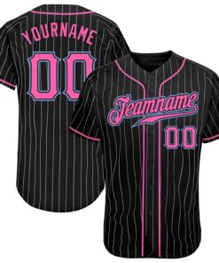 Custom Black White Pinstripe Pink-Light Blue Authentic Baseball Jersey
