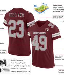 Alternative view of Custom Burgundy Gray-White Mesh Authentic Football Jersey