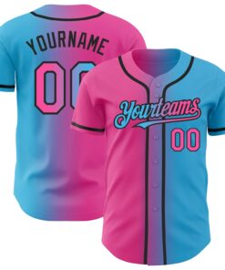 Custom Sky Blue Pink-Black Authentic Gradient Fashion Baseball Jersey