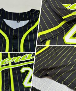 Alternative view of Custom Black Neon Green Pinstripe Neon Green-White Authentic Baseball Jersey