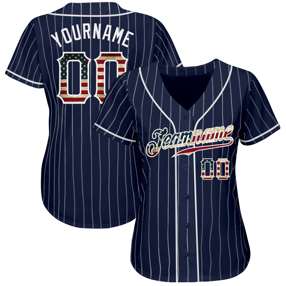 Custom Navy White Pinstripe Vintage USA Flag-White Authentic Baseball Jersey - Image 2